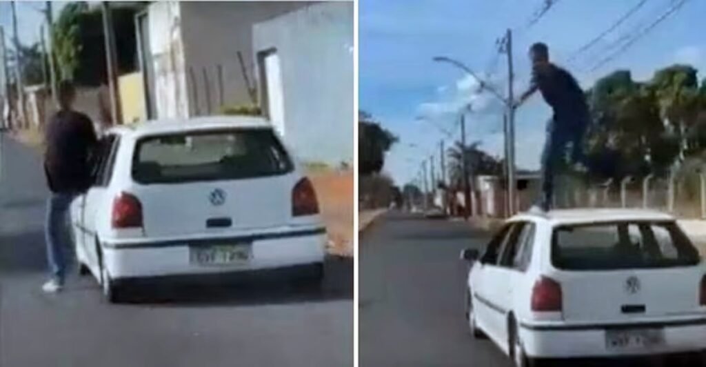 Motorista é flagrado 'surfando' em teto de carro