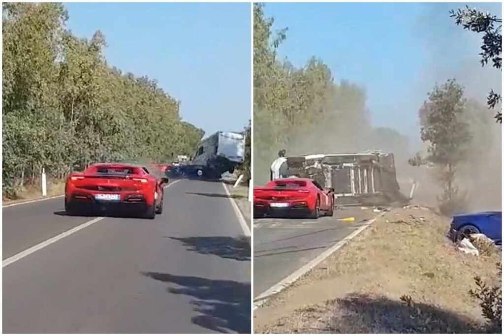 Ferrari e Lamborghini se chocam e fazem van capotar