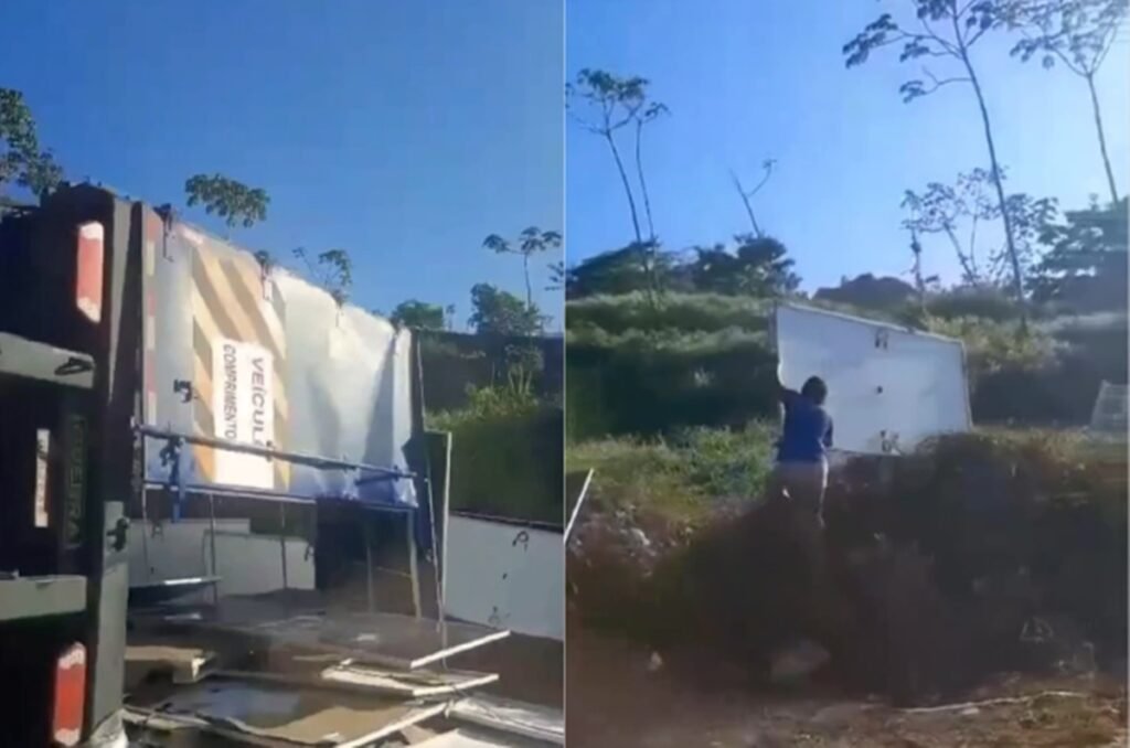 Caminhão com placas solares tomba na BR-101 e carga é saqueada